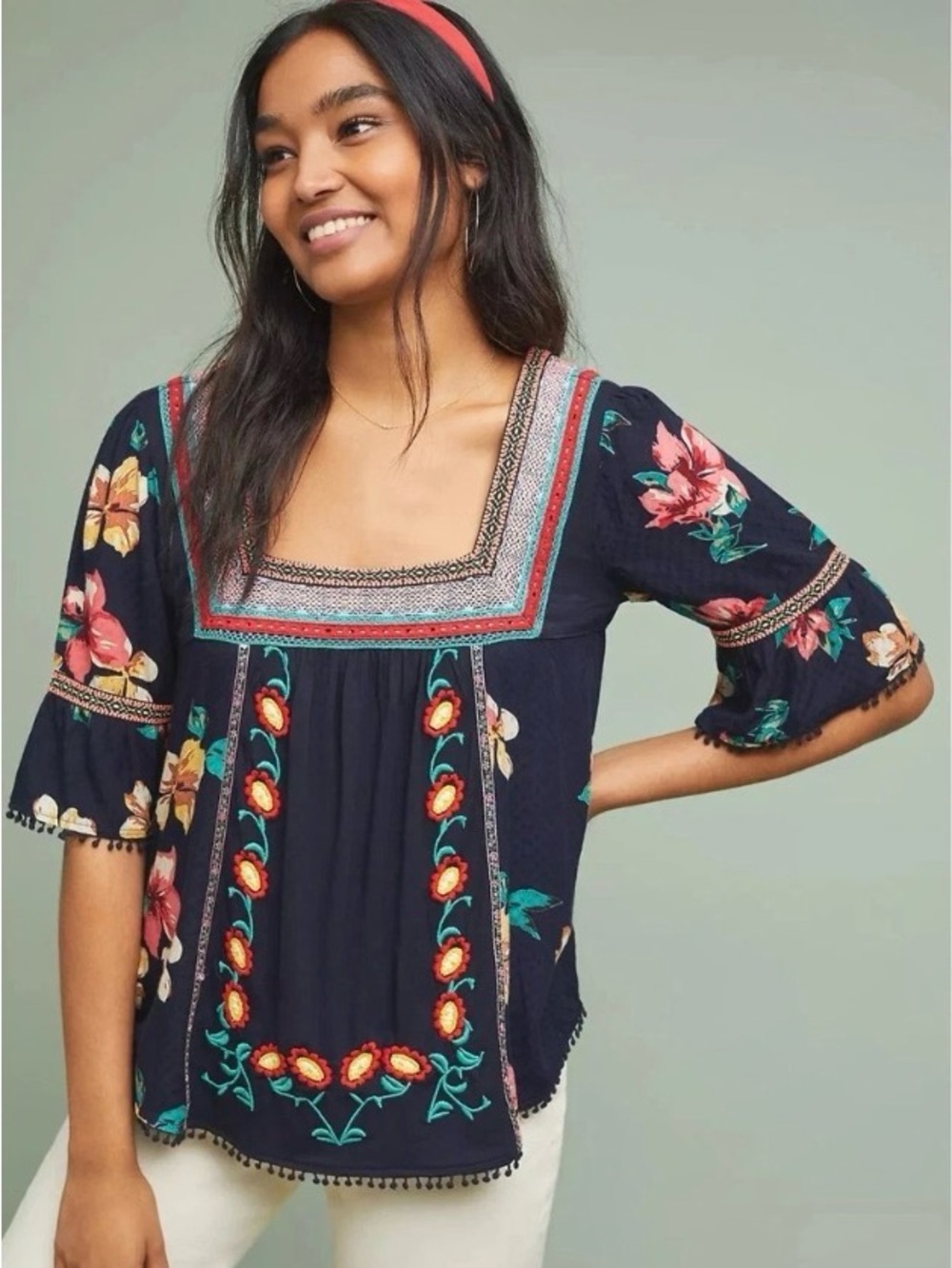 Anthropologie Navy Square-Neck Embroidered Floral Tunic